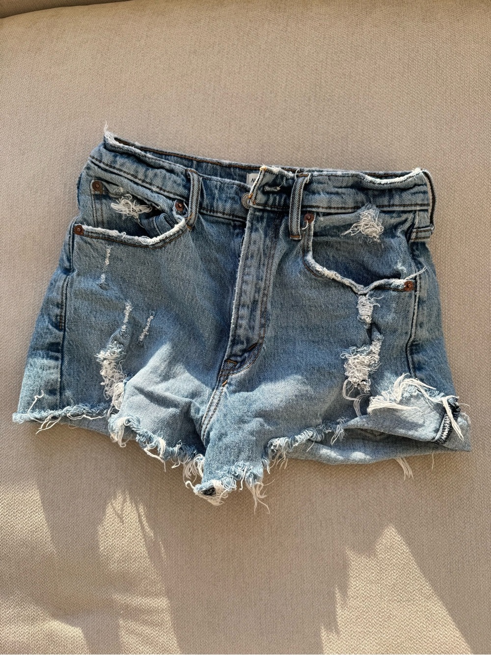 Abercrombie & Fitch The Mom Shorts Distressed Light Blue Denim Cutoff Shorts